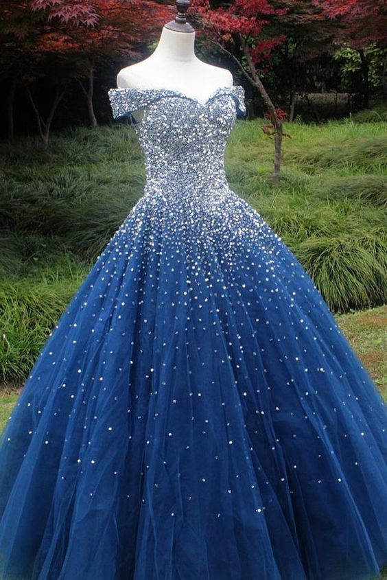 Sparkle Off the Shoulder Blue Ball Gown Prom Dresses, Puffy Tulle Quin