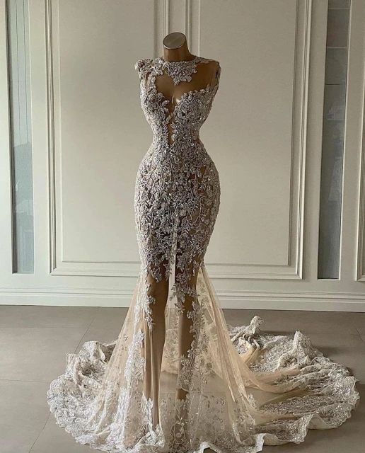 Crystal Mermaid Wedding Dresses See Through Lace Appliqued Bridal Gown DSProm Crystal Mermaid Wedding Dresses See Through Lace Appliqued Bridal Gown DSProm