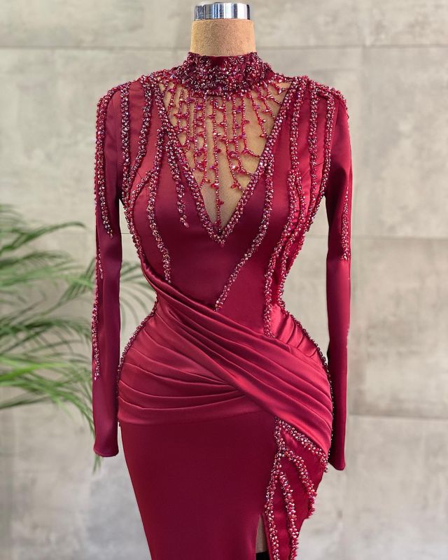Robe de bal élégante bordeaux à manches longues et perles style sirène, DS2788