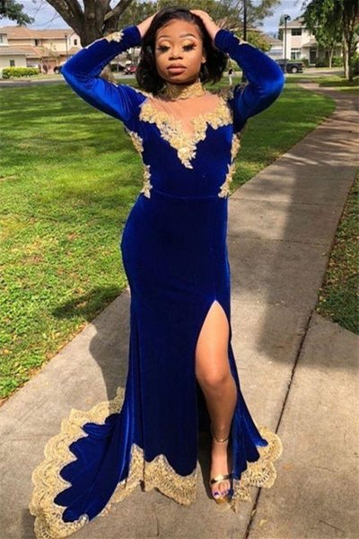 Modern Royal Blue Long Sleeves Prom Dress Mermaid Slit With Gold Appli DSProm Modern Royal Blue Long Sleeves Prom Dress Mermaid Slit With Gold Appli DSProm