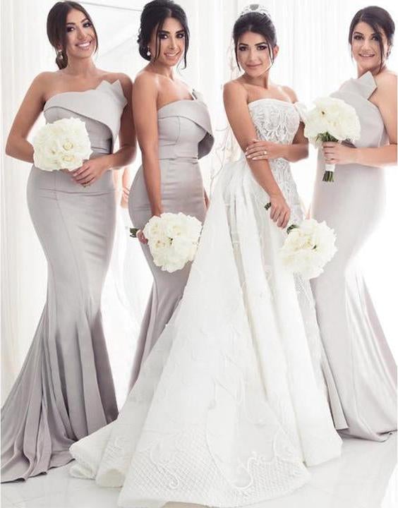 Trägerloses silbernes Meerjungfrauen-Kleid, elegantes langes ärmelloses Ballkleid, Brautjungfernkleid, DS4036
