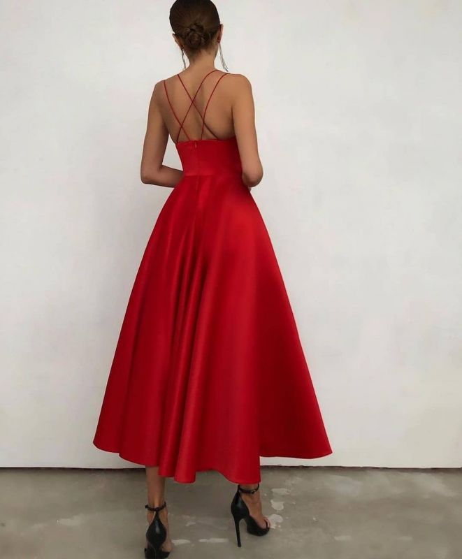 Spaghettiträger Rüschen Satin Rubin Tee-Länge Ballkleider, DS2780
