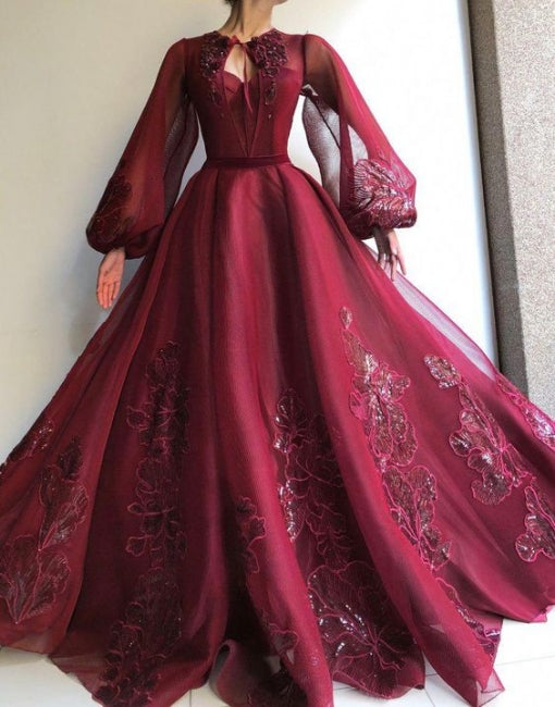 Elegante Abendkleider mit Ärmeln | Ballkleider Lang Weinrot,BD1483
