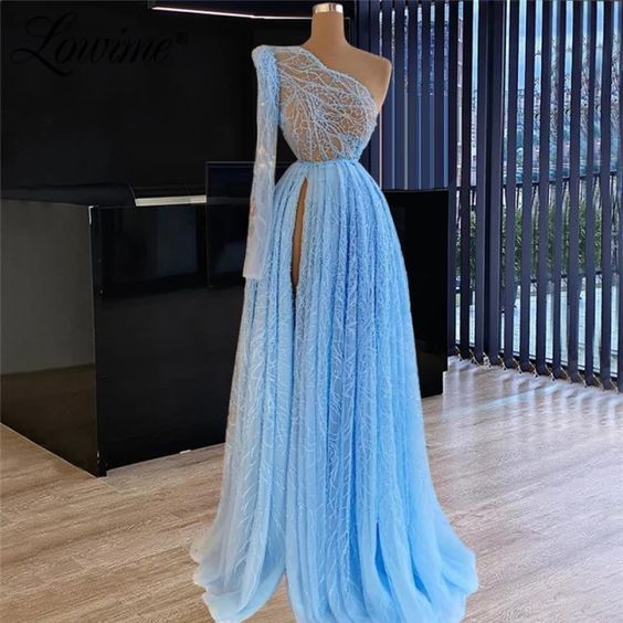 Blaue One-Shoulder Sexy Ballkleider Günstig | Ärmelloses Langes Abendkleid, DS4028