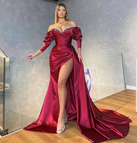 red african prom dress Red Off the Shoulder Long Sleeves Mermaid Sequin African Prom Dresses