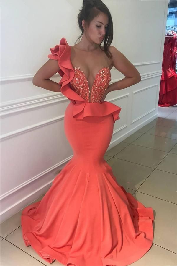 Sexy Meerjungfrau Ballkleider Satin Koralle One-Shoulder Perlen Sweetheart Rüschen, CD3157