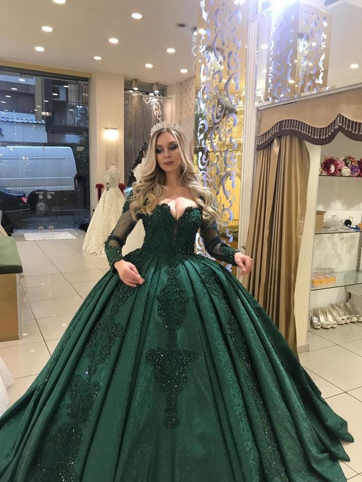 Green Long Sleeves Prom Dresses with Appliques Quinceanera Gowns,DS434 DSProm Green Long Sleeves Prom Dresses with Appliques Quinceanera Gowns,DS434 DSProm