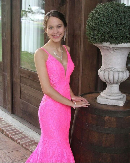 Mermaid Hot Pink Lace Long Prom Dresses,Lace Evening Gown,DS3447