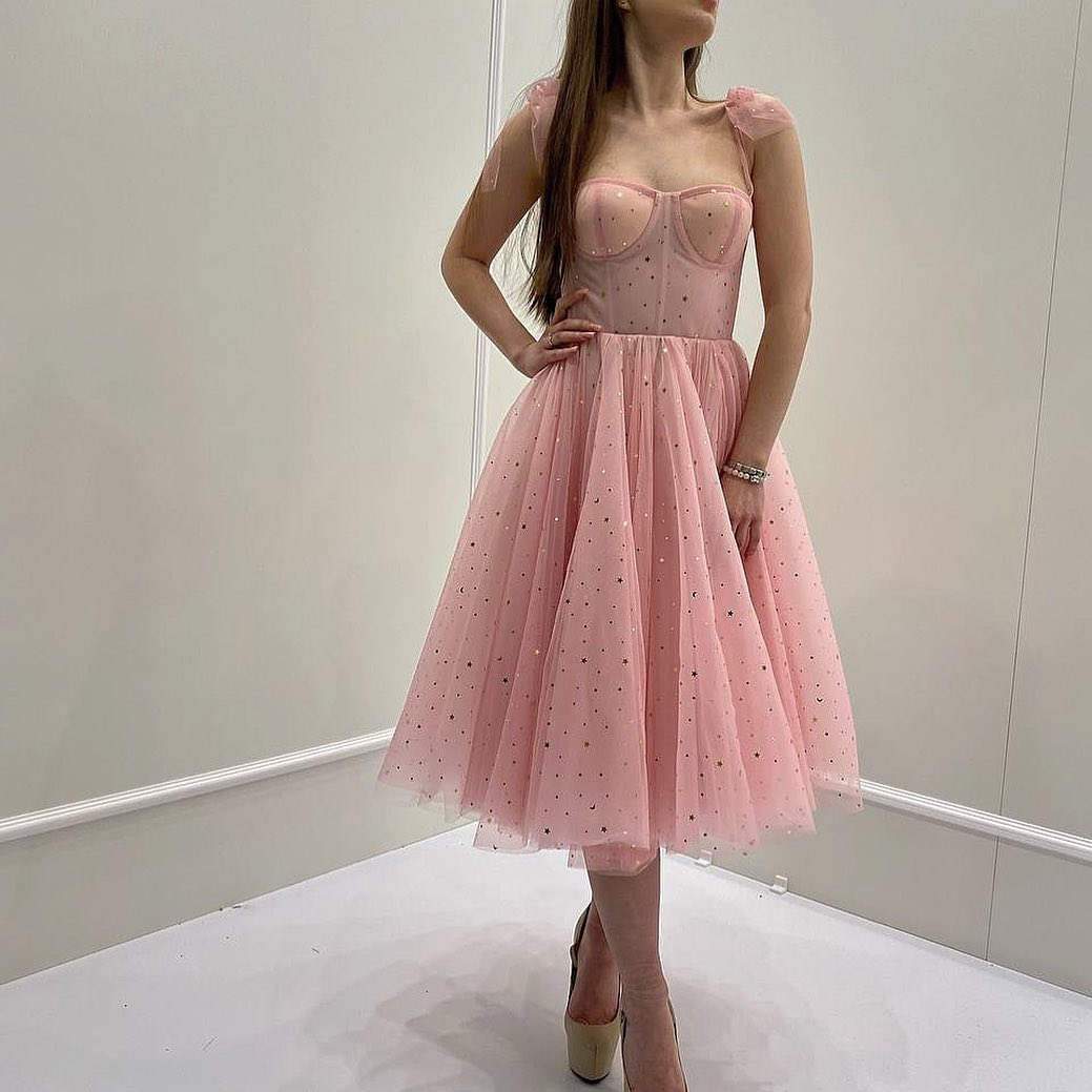 Prinzessin Träger Pfirsich Rosa Formelles Homecoming Kleid, Stern Tee Länge Ballkleid, DS4309