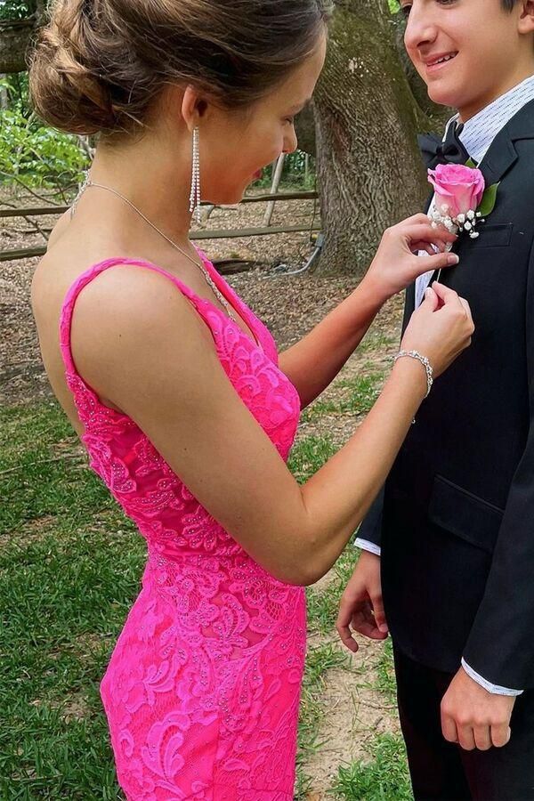 Mermaid Hot Pink Lace Long Prom Dresses,Lace Evening Gown,DS3447