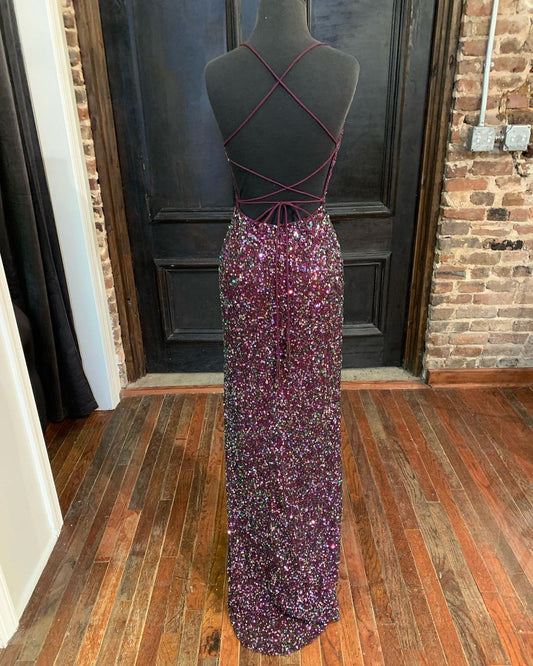 Robe longue sirène à paillettes scintillantes et fente, DS3159