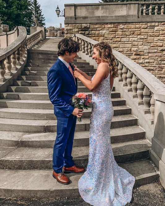 Robe longue de soirée sirène à sequins et bretelles spaghetti, DS3448