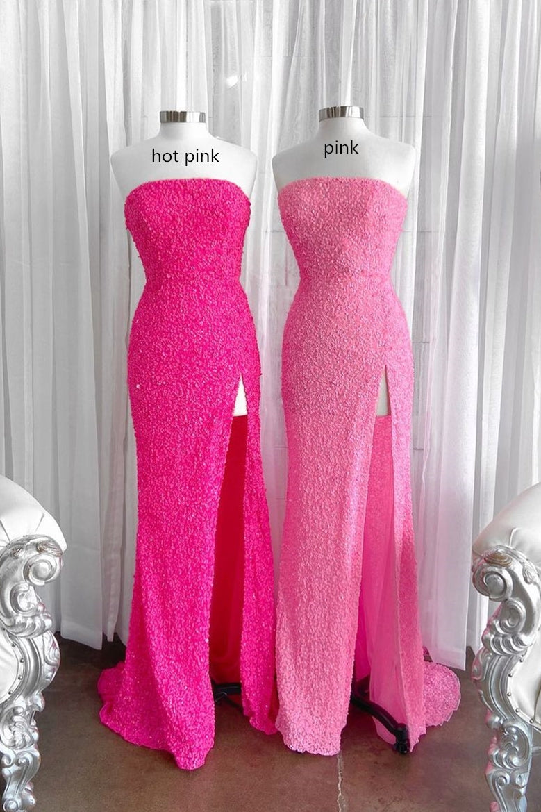 Robe longue sirène à paillettes, bustier et fente, DS3105
