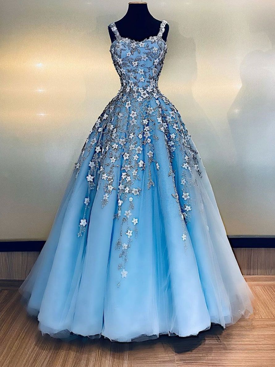 Prom Dresses Spaghetti Straps A-line Evening Dress Tulle Appliques Women Gown Blue Tulle Formal Gown,DS4258