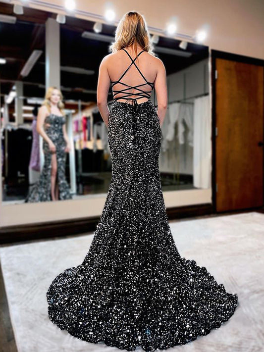 Glitter Mermaid Scoop Neck Black Sequins Long Prom Dresses 2022,DS5151