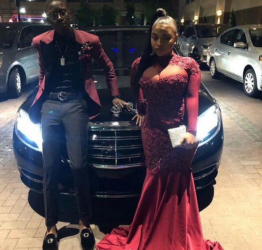 Burgundy Wine Red Satin Prom Dresses Long Sleeve Lace Appliques Plus Size Evening Formal Gowns,DS4976