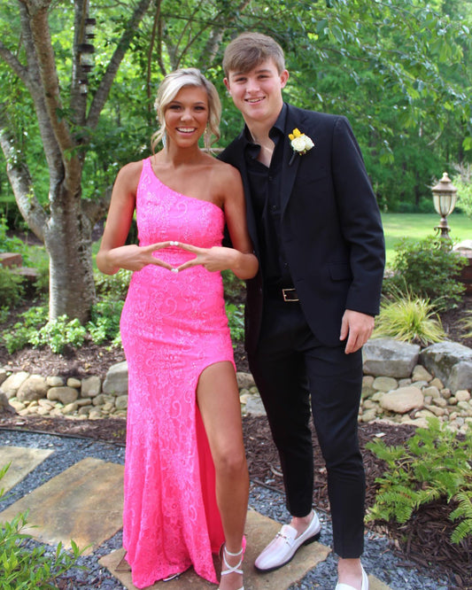 Gorgeous One Shoulder Hot Pink Lace Long Prom Dress,DS3091