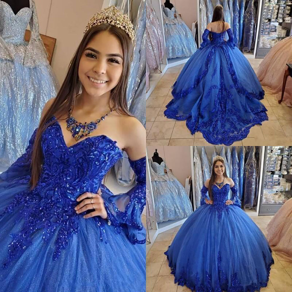 Robe de soirée princesse bleu royal 2020, en dentelle, avec appliques et perles, décolleté en cœur, lacets et corset au dos, pour les 16 ans, DS4415