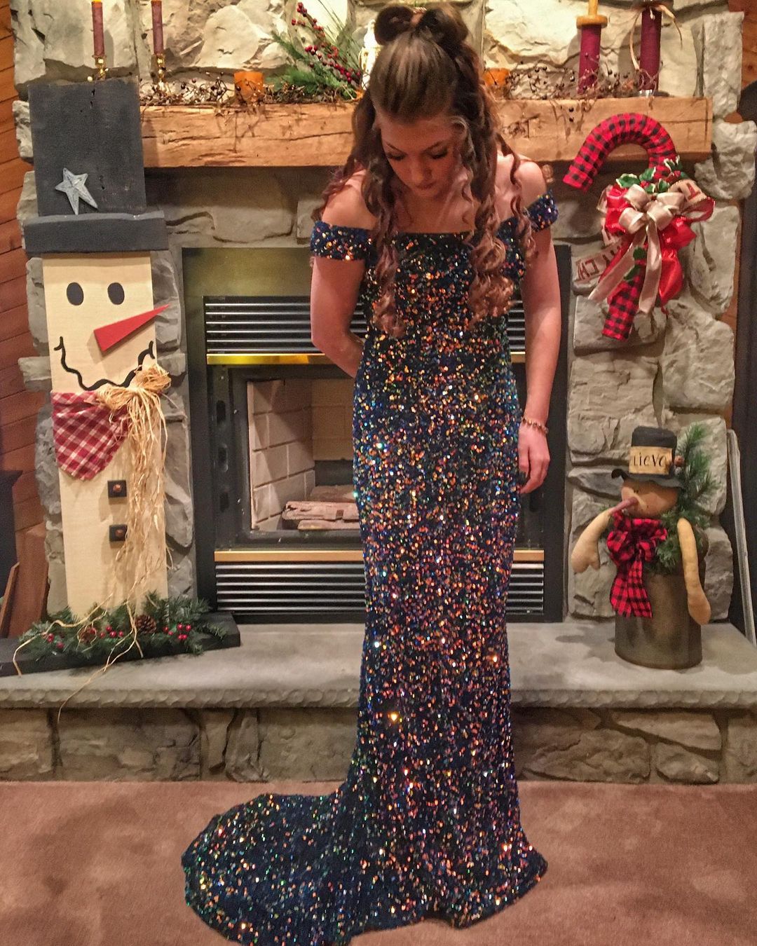 Robe longue sirène bleu marine à paillettes, DS3158