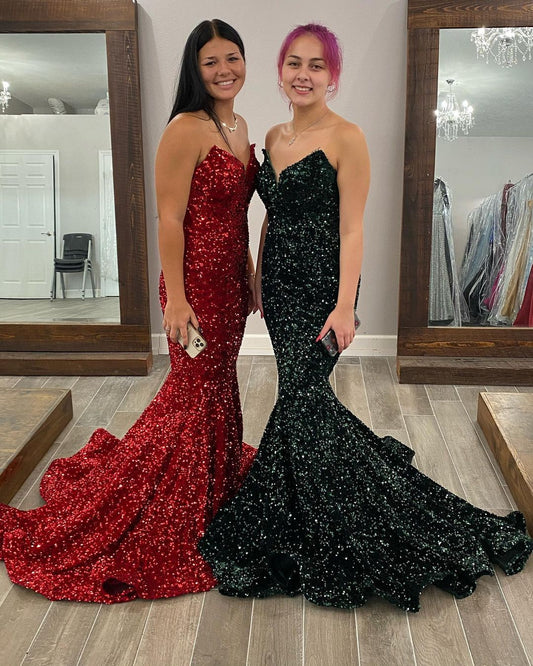 Robe de bal longue bustier style sirène à paillettes rouges, DS3441