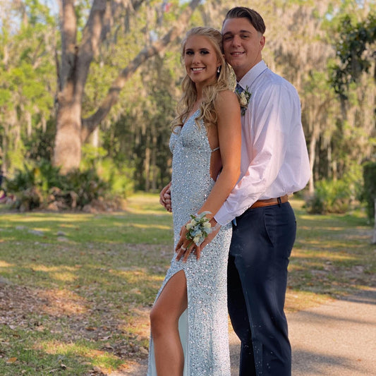 Robe longue sirène sexy à paillettes bleues, DS3097