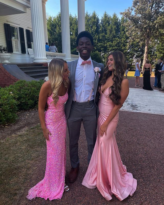 Sparkly Mermaid Scoop Neck Pink Sequin Long Prom Dresses,DS4119