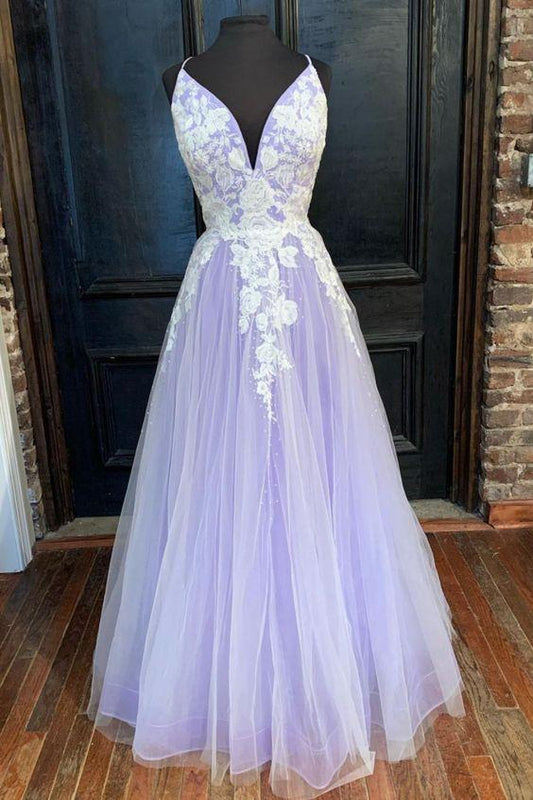 Lavender Tulle Applique Spaghetti Straps Long Dress Tulle Prom Dress,DS4304
