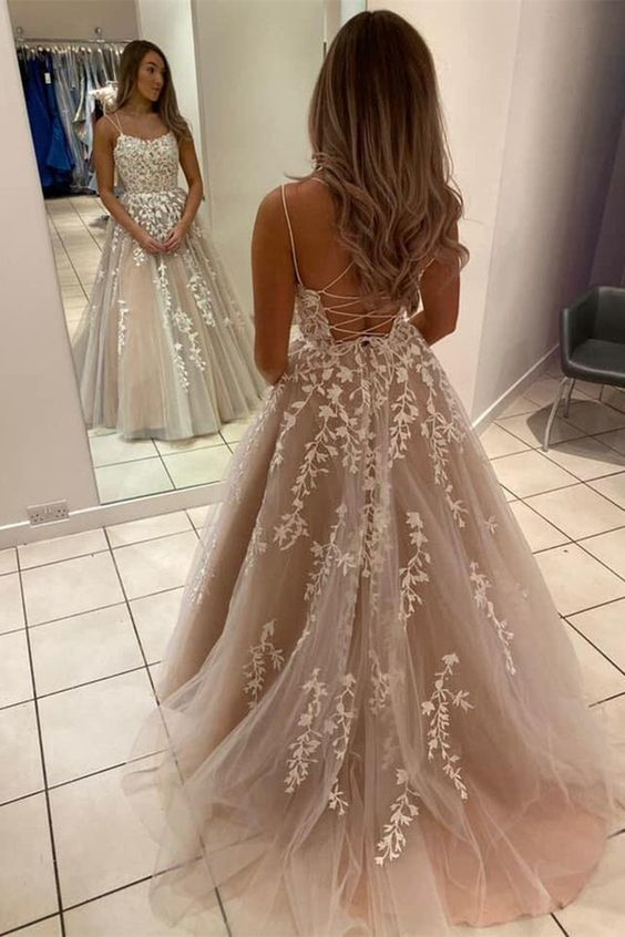 Stilvolles Champagner-Applikations-Ballkleid mit doppelten Trägern, Abendkleid aus Spitzentüll, DS4469
