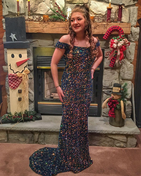 Robe longue sirène bleu marine à paillettes, DS3158