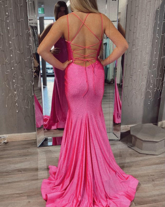 Neon Pink Mermaid Long Formal Dress with Lace Up Back,DS3096