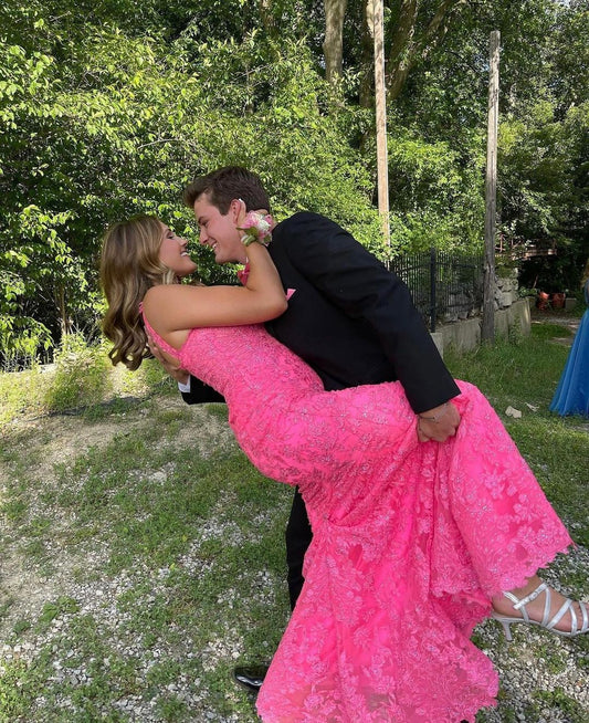 Mermaid Bright Pink Lace Appliques Long Formal Dress,DS3128