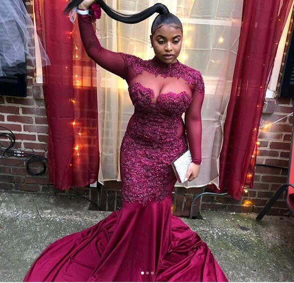 Burgundy Wine Red Satin Prom Dresses Long Sleeve Lace Appliques Plus S DSProm Burgundy Wine Red Satin Prom Dresses Long Sleeve Lace Appliques Plus S DSProm
