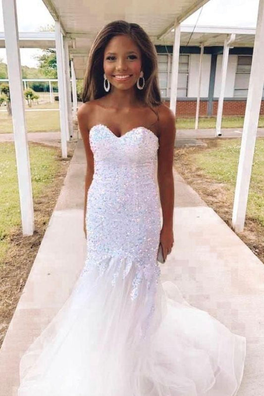 Charming Mermaid White Sequins Prom Dresses,Trumpet Net White Prom Dress,DS3432