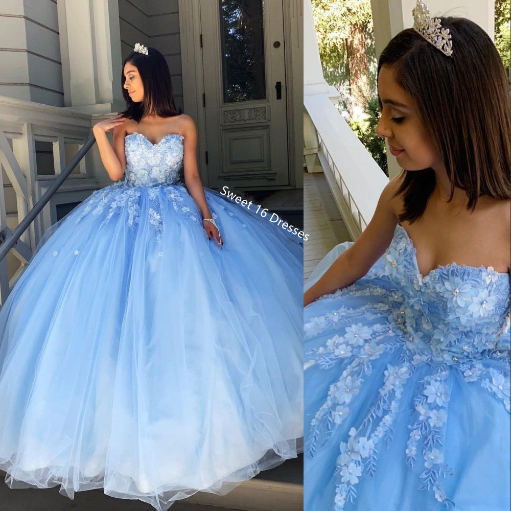 Prinzessin Himmelblau Quinceanera Kleider, Sweet 16 Kleider mit Applikationen Perlen, DS4414