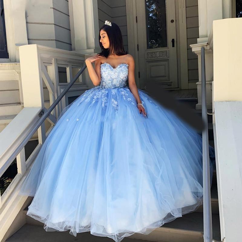 Prinzessin Himmelblau Quinceanera Kleider, Sweet 16 Kleider mit Applikationen Perlen, DS4414