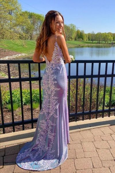 Purple spaghetti straps mermaid long prom dress applique open back evening gown,EQ9655