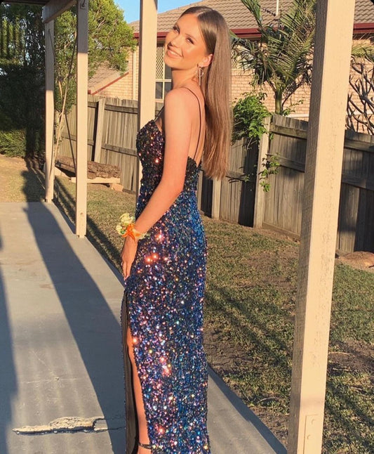 Robe de soirée longue sirène bleu marine à paillettes, DS3136