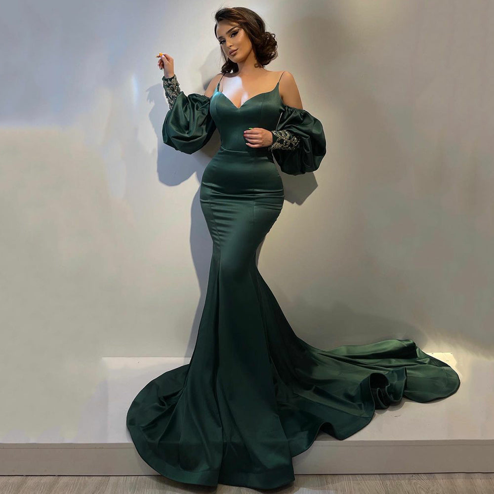 Elegant Hunter Green Satin Mermaid Prom Dress Sexy Sweetheart Spaghetti Straps Evening Gowns,ED5806