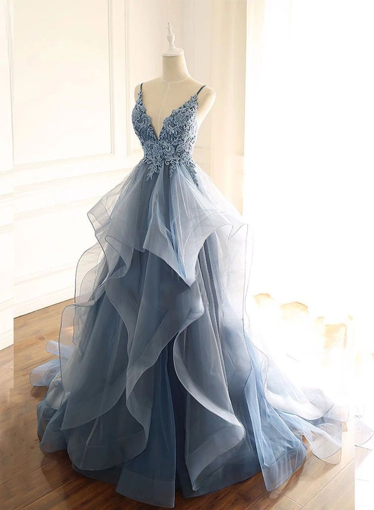 tulle long prom dress with spaghetti straps and ruffled floor length skirt ,DS4570