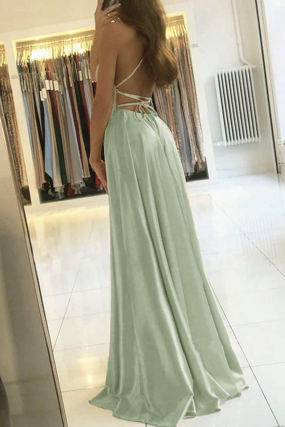 Robe de soirée longue et simple, coupe trapèze, vert sauge, avec fente latérale, DS4533