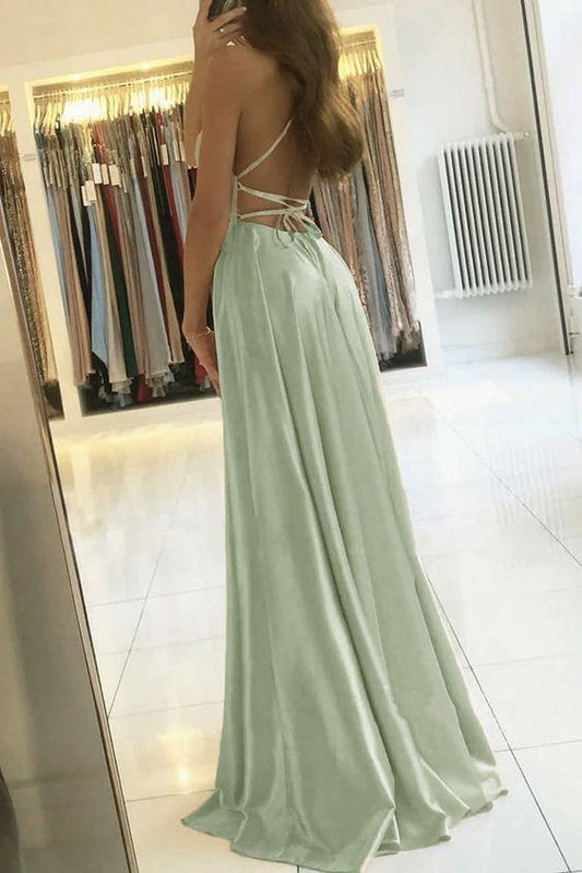 Simple A Line Sage Green Long Prom Dress With Slit Evening Party Dress ,DS4533