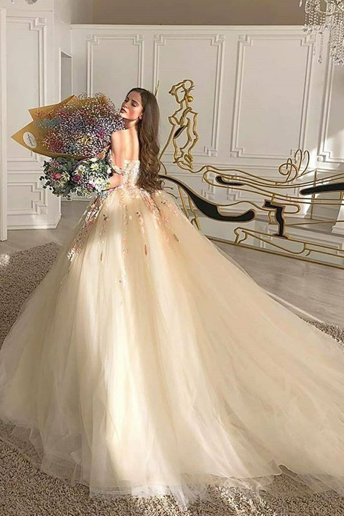 Gorgeous Off Shoulder Champagne Lace Floral Prom Dress, Long 3D Flower Champagne Formal Evening Dress,DS4498