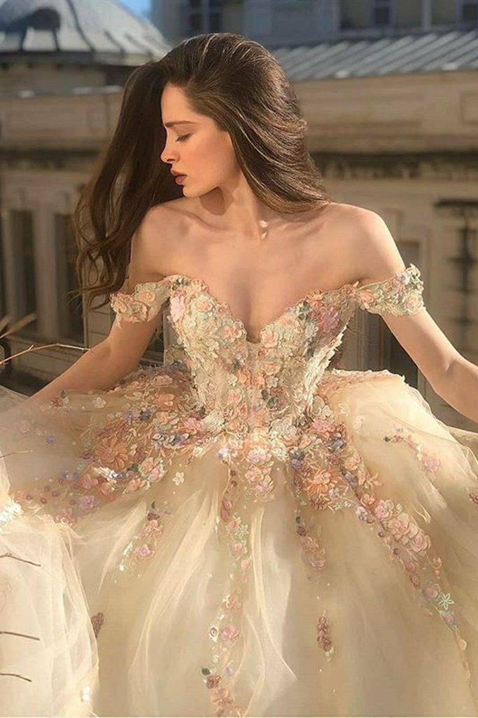 Gorgeous Off Shoulder Champagne Lace Floral Prom Dress, Long 3D Flower Champagne Formal Evening Dress,DS4498