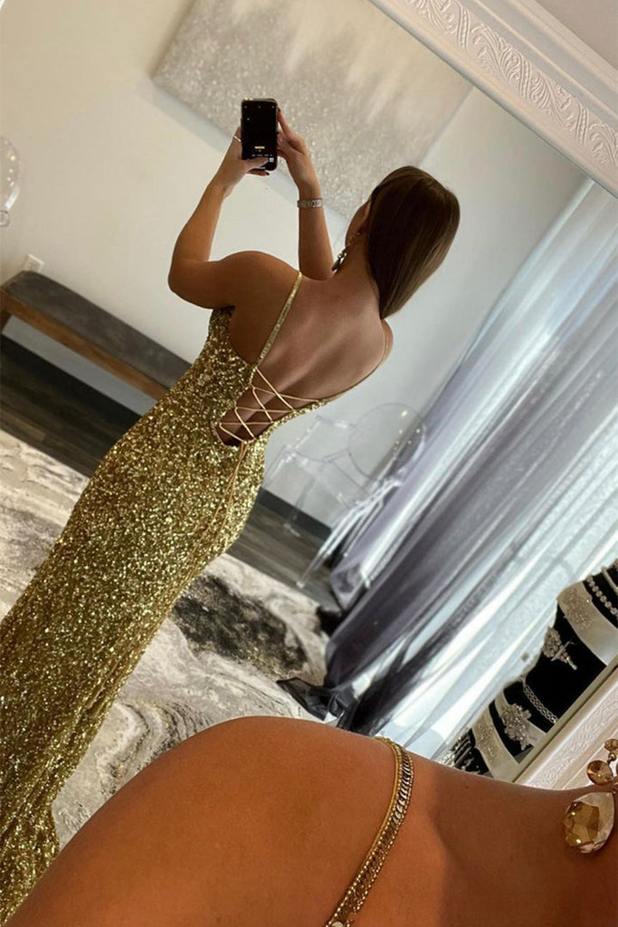 Mermaid V Neck Open Back Golden Sequins Long Prom Dress, Mermaid Gold Formal Graduation Evening Dress with High Slit ,DS4520