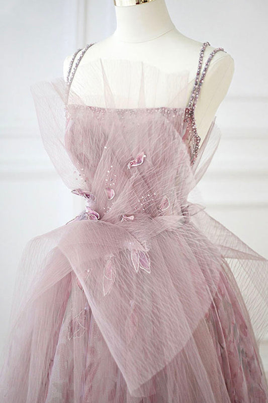 Pink tulle beads long prom dress pink evening dress,DS4512