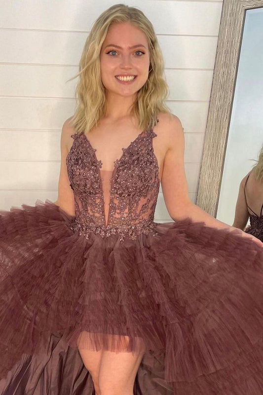 Cute tulle lace high low prom dress A line evening dress ,DS4510