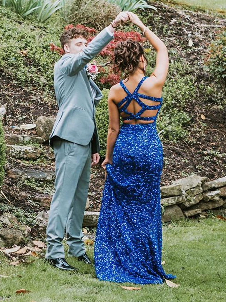 Mermaid V Neck Open Back Blue Sequins Long Prom Dresses,DS4509
