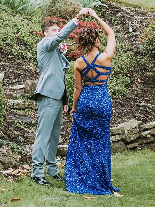 Mermaid V Neck Open Back Blue Sequins Long Prom Dresses,DS4509