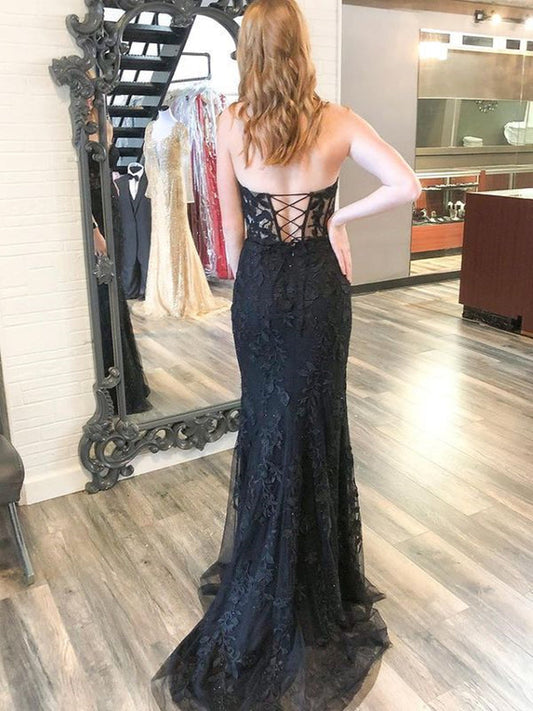 Mermaid Open Backe Black Lace Long Prom Dresses, Strapless Black Formal Dresses,DS4506