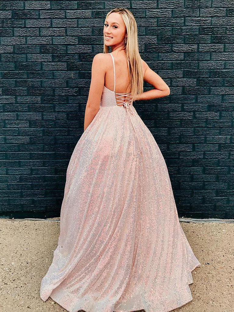 Shiny V Neck Backless Pink Long Prom Dresses ,DS4503